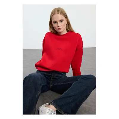 Trendyol Red Slogan Embroidered Oversize Pattern Thick Inside Fleece Knitted Sweatshirt