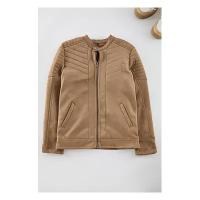 Trendyol Camel Slim Fit Suede Winter Biker Jacket