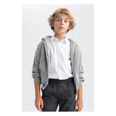 DEFACTO Boy's Gray Hooded Knitwear School Cardigan