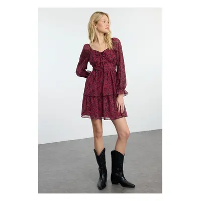 Trendyol Burgundy Floral Ruffle Mini Woven Dress