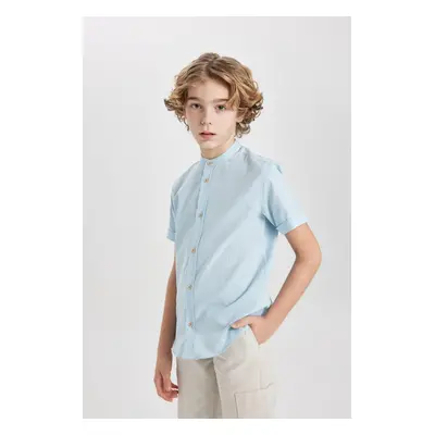 DEFACTO Boy's Stand Collar Linen Look Short Sleeve Shirt