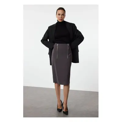 Trendyol Anthracite Front Zipper Detailed Midi Skirt