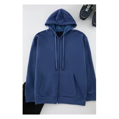 Trendyol Indigo Oversize/Wide Cut Hooded Zippered Thick Basic Sweatshirt-Cardigan