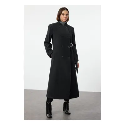 Trendyol Anthracite Belted Double Breasted Regular Wool Long Topcoat Formed Lined Coat