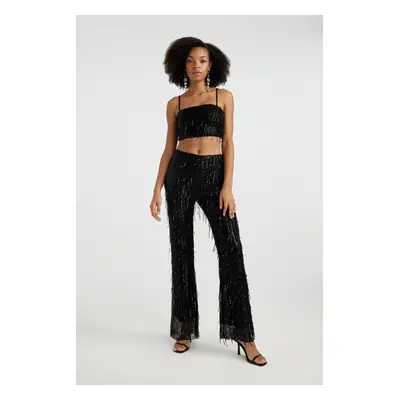 DEFACTO Flayer Fit Normal Waist Sequined Black Trousers