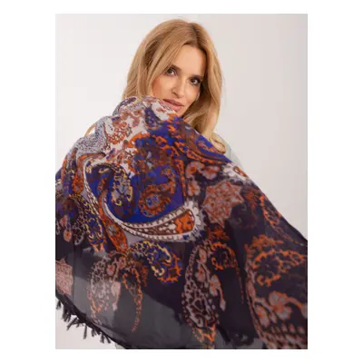 Navy Blue Silk Scarf with Patterns