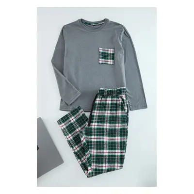 Trendyol Men's Grey-Green Plaid Patterned Woven Pajama Set