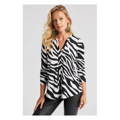 Cool & Sexy Women's Black and White V-Neck Zebra Patterned Blouse