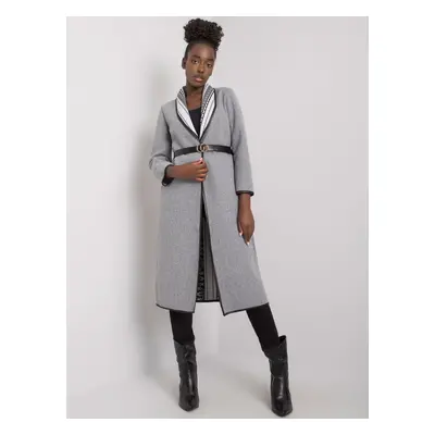 Grey melange coat with pockets and belt