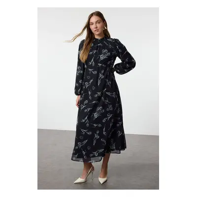 Trendyol Navy Blue Chiffon Floral Patterned Woven Dress