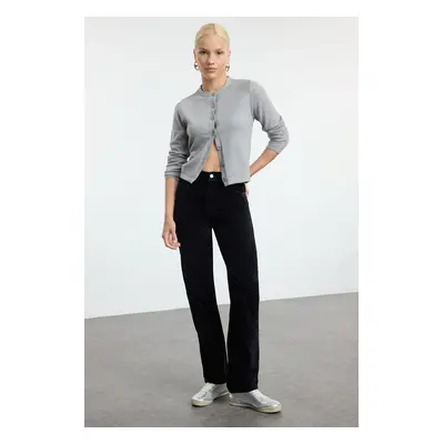 Trendyol Black Suede Look High Waist Straight Jeans