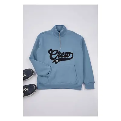 Trendyol Blue Stand Collar Oversize/Wide Cut Stand Collar Zippered Text Embroidered Sweatshirt