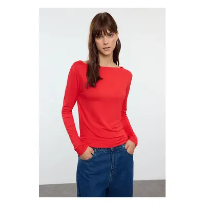 Trendyol Red Fitted Long Sleeve Bateau Neck Viscose Stretchy Knitted Blouse