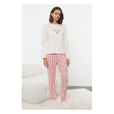 Trendyol Powder 100% Cotton Slogan Embroidered Heart Plaid Knitted Pajama Set