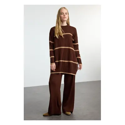 Trendyol Brown Striped Corduroy Knitwear Bottom-Top Set