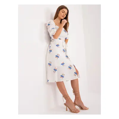 Ecru-Blue Floral Dress with Slit