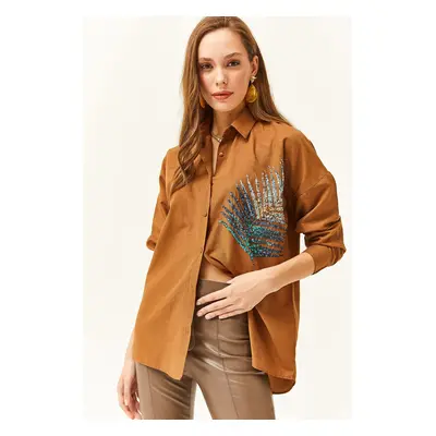 Olalook Women's Brown Palm Sequin Detailed Oversize Woven Poplin Shirt