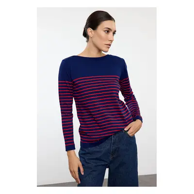 Trendyol Dark Navy Blue Basic Striped Knitted Sweater