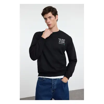 Trendyol Black Regular/Normal Cut Crew Neck Text Printed Sweatshirt with Fleece Inside