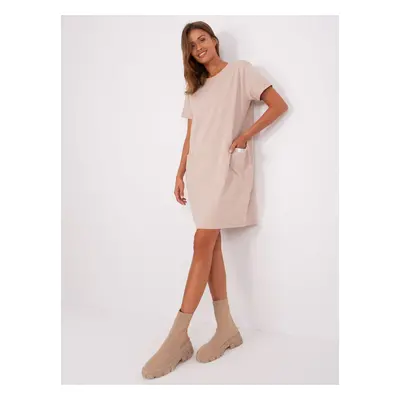 Beige basic sweatshirt dress with short sleeves