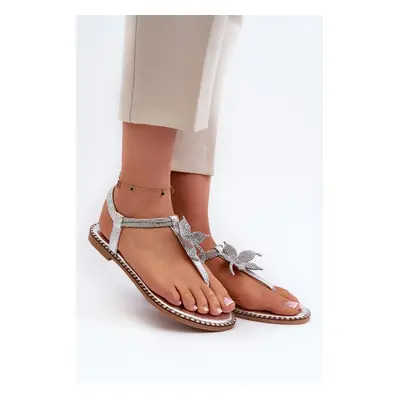 Women's flat sandals with decorative flower Silver Edoni