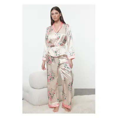 Trendyol Salmon-Multicolored Belted Floral Satin Woven Pajama Set