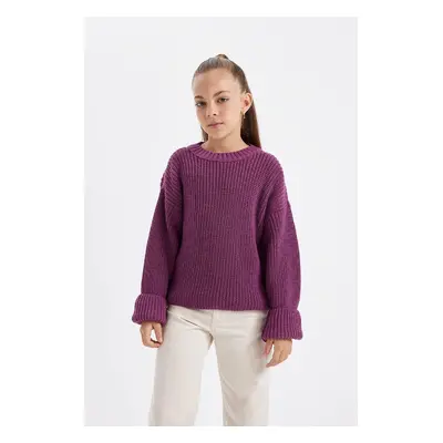 DEFACTO Girl Purple Standard Fit Crew Neck Basic Plain Knitwear Sweater