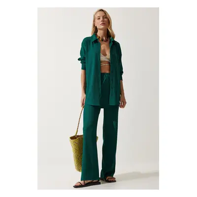 Happiness İstanbul Women's Dark Green Casual Knitted Shirt Pants Suit