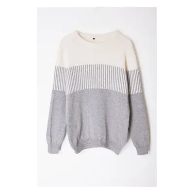 Trendyol Gray Slim Woolen Crew Neck Color Block Knitwear Sweater