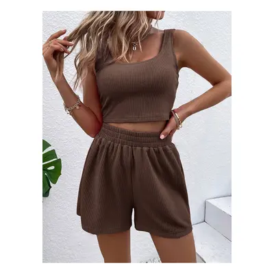 Know Women's Brown Ribbed Shorts Set