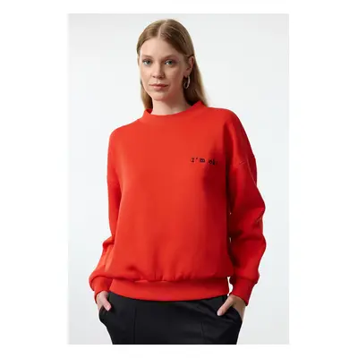 Trendyol Red Thick Inside Fleece Regular/Normal Fit Slogan Embroidered Knitted Sweatshirt