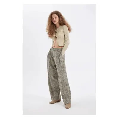 DEFACTO Wide Leg Plaid Double Pocket High Waist Standard Length Trousers