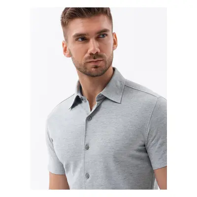 Ombre Men's knitted slim fit shirt with short sleeves and collar - grey