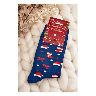 Men's Cotton Christmas Socks with Navy Blue Patterns