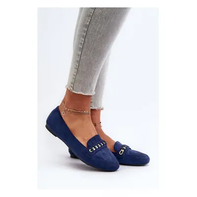 Shiny women's loafers with chain, navy blue Aredilla