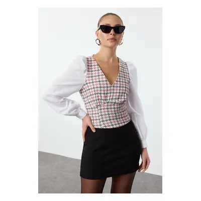 Trendyol Dusty Rose Crop Fitted Tweed Woven Blouse