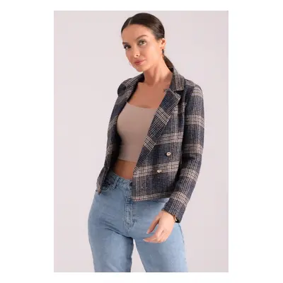 armonika Women's Indigo Double Breasted Collar Plaid Pattern Cachet Crop Jacket