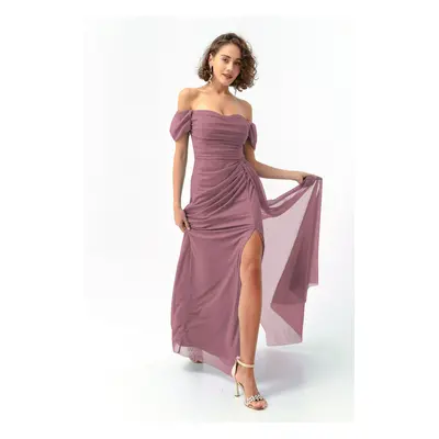 Lafaba Women's Lavender Boat Neck Draped Slit Long Glitter Evening Dress