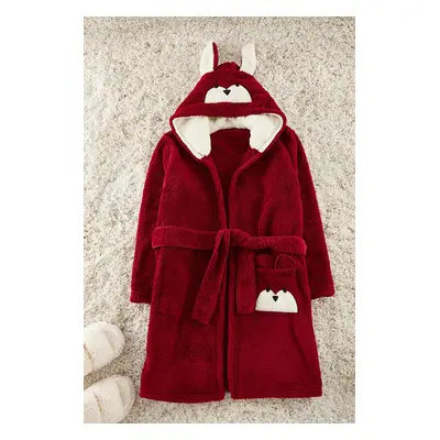 Trendyol Claret Red Belted Animal Figured Wellsoft Knitted Dressing Gown with Pockets