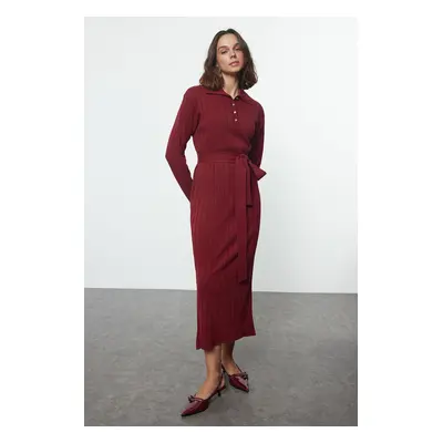 Trendyol Burgundy Belted Polo Collar Knitwear Ribbed Knitted Sweater Dress