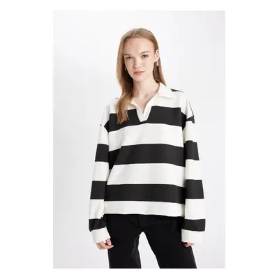 DEFACTO Oversize Fit Striped Polo Neck Thick Fabric Sweatshirt