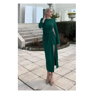 Madmext Emerald Green Basic Slit Detailed Long Sleeve Dress