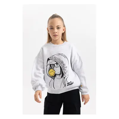 DEFACTO Girl Child Smileyworld Oversize Fit Crew Neck Thick Sweatshirt with Soft Furry Inside