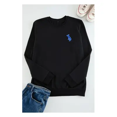 Trendyol Black Crew Neck Regular/Normal Cut Fox Patch Detailed Sweatshirt