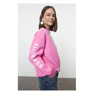 Trendyol Pink Thick Polar Fleece Oversize/Wide Cut Slogan Printed Knitted Sweatshirt