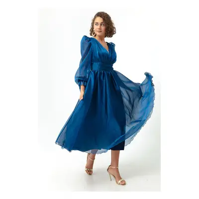 Lafaba Women's Indigo Balloon Sleeve V Neck Midi Evening Dress