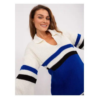 Ecru-cobalt oversize sweater with collar