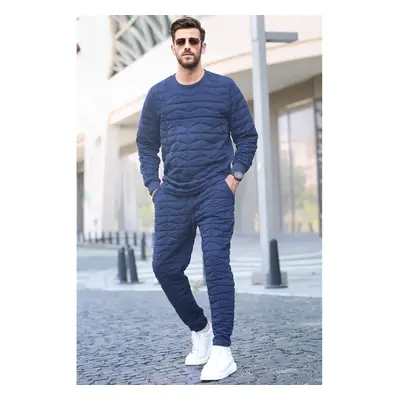 Madmext Navy Blue Quilted Patterned Tracksuit Set