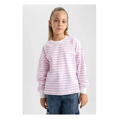 DEFACTO Girls' Crew Neck Striped Combed Combed Long Sleeve T-Shirt