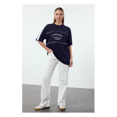 Trendyol Navy Blue 100% Cotton Color Blocked Slogan Oversize/Wide Pattern Knitted T-Shirt